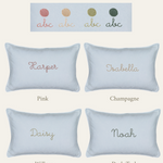 Nautical cushion in duck egg blue gingham linen with personalized embroidered names in pink, champagne, willow, and dark teal colors