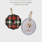 Custom pet ornaments with embroidered dog designs and brass keyrings for festive decoration and charms
