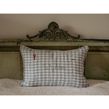 Duck egg blue gingham linen nautical cushion with embroidered sea-themed designs and personalized name "Wylder"