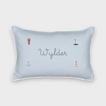Nautical cushion in duck egg blue gingham linen with embroidered sea-themed designs and personalized name, white piping, removable cover.