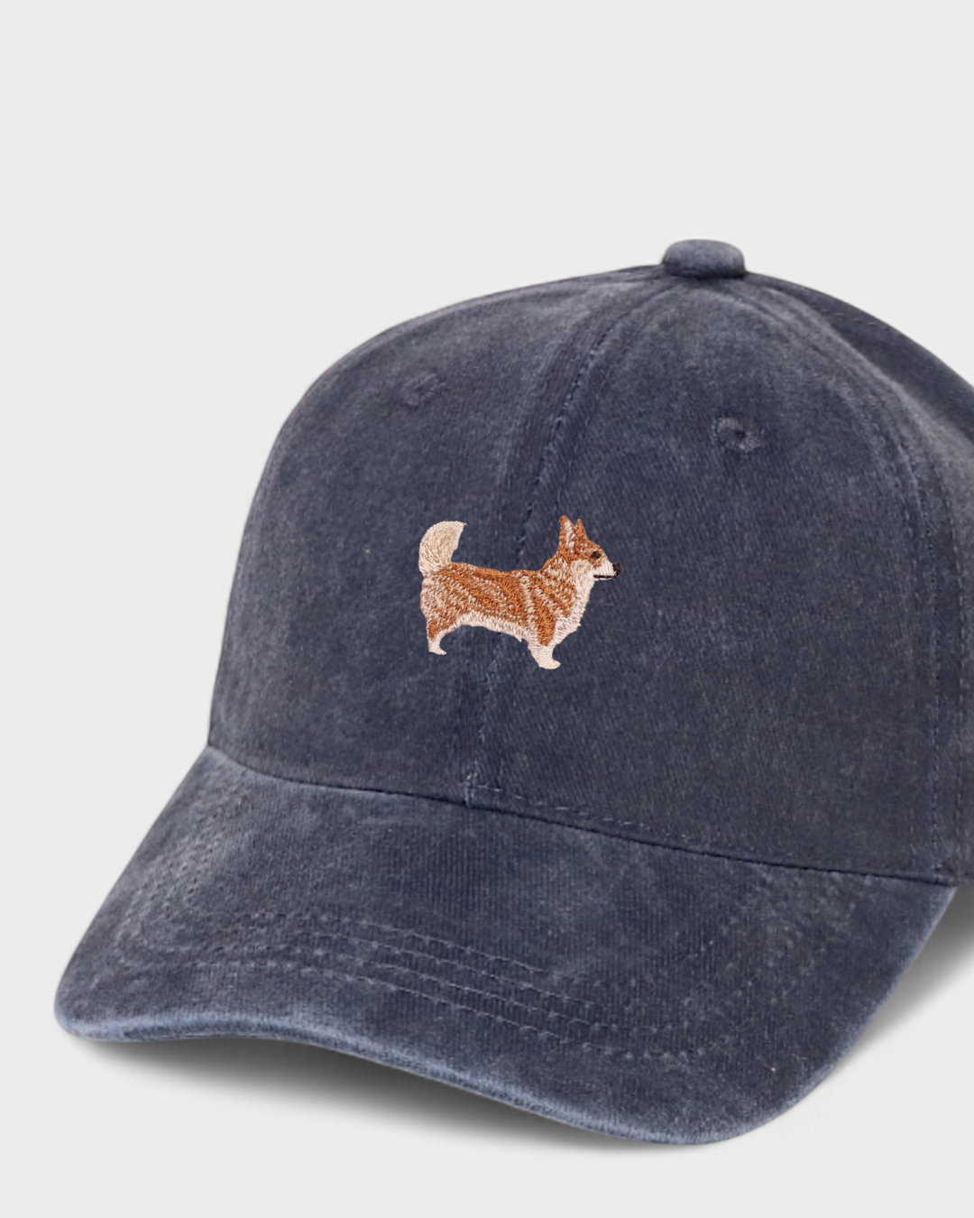 Corgi Personalised Hat with hand-drawn Corgi embroidery, classic baseball fit.