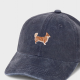 Navy cotton Corgi Personalised Hat with embroidered dog design on front and custom embroidery option on back