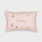 Woodland keepsake linen cushion with pink gingham pattern, embroidered fox, forest animals, and personalized name "Daisy"