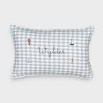 Duck egg blue gingham linen nautical cushion with embroidered sea-themed designs and personalized name Wylder