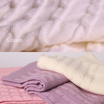 Merino Baby Blanket with Rosette Design in cream, pink, and purple, featuring soft, breathable merino wool and vintage-inspired rose embroidery.