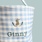 Personalised Easter Bucket with Bunny and Carrots Embroidery on Blue Gingham