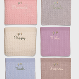Merino wool baby blankets with personal embroidery and balloon design.