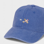 Airplane personalised hat with embroidered design and custom text on a blue cotton baseball cap.