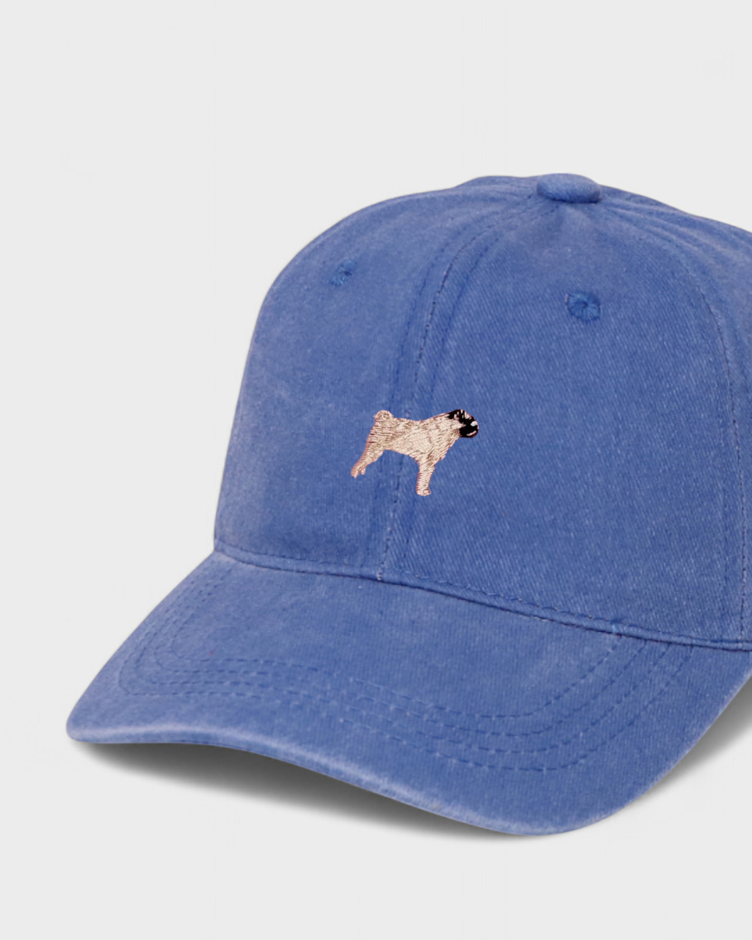 Pug Personalised Hat with embroidered design, baseball fit, 100% washed cotton.