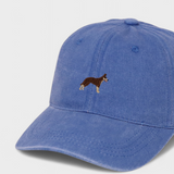 Blue personalised baseball hat with embroidered Australian Kelpie dog design on front