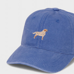 Blue baseball cap with embroidered hand-drawn Golden Retriever and personalized back embroidery option