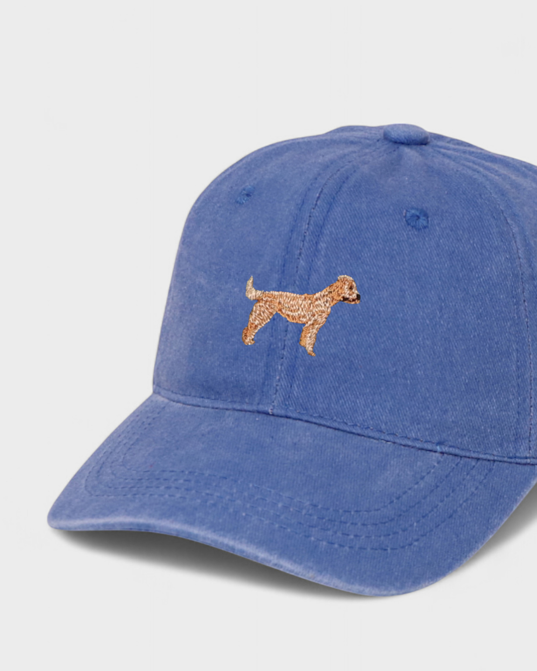 Blue Labradoodle personalised hat with embroidered design, 100% washed cotton, classic baseball fit.