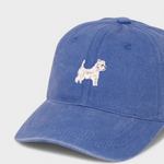 Blue personalised hat with embroidered West Highland White Terrier design on front