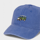 Land Cruiser FJ40 personalised hat with embroidered vintage design on blue cotton.