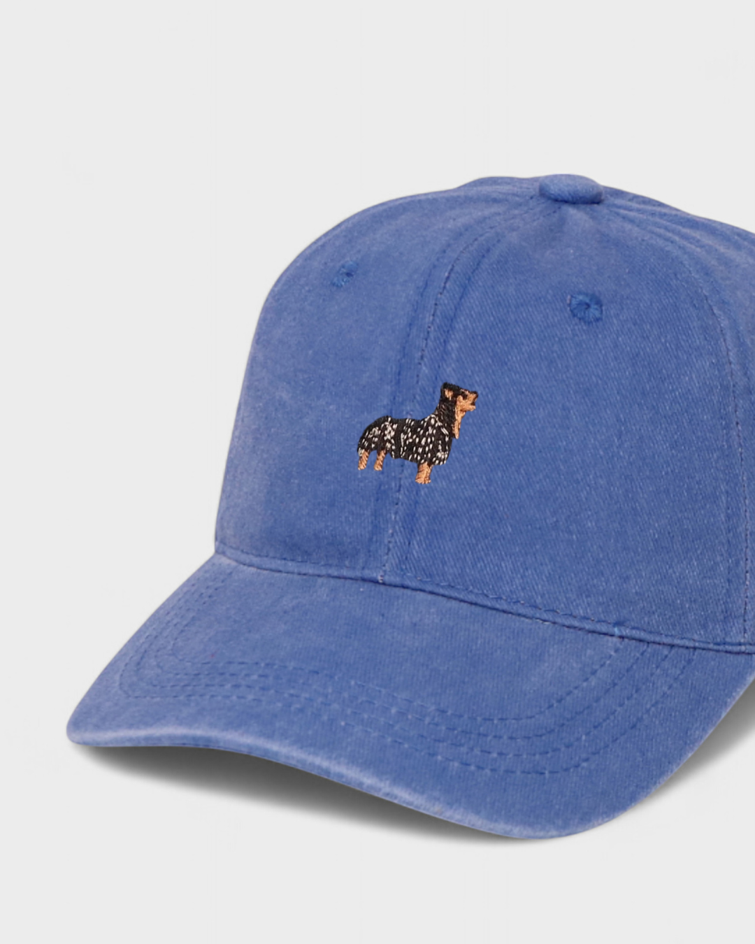 Yorkie Personalised Hat with embroidered Yorkie design on blue baseball cap.