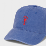 Blue washed cotton personalised hat featuring hand-embroidered red lobster design on front with customisable embroidery on the back.