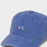 Personalised hat with multi-coloured embroidery on a blue cotton baseball cap.