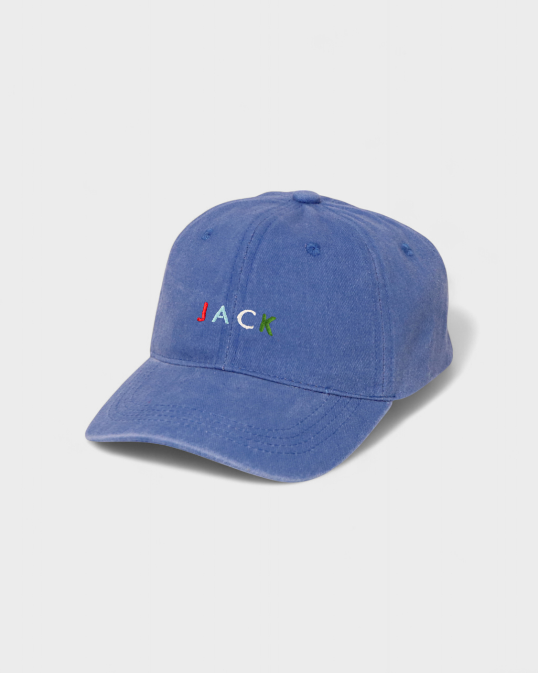 Multi-colour text cap with personalised embroidery, 100% washed cotton.
