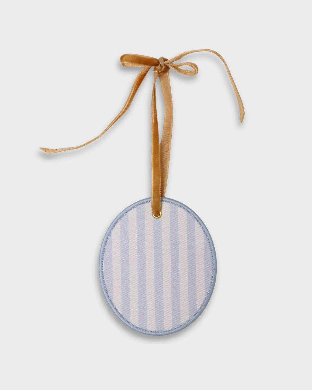 Personalised pet ornament with blue stripe design and velvet ribbon for holiday decoration
