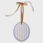 Customizable blue striped pet ornament with velvet ribbon for holiday decorating