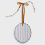 Customizable blue striped pet ornament with velvet ribbon for holiday decorating