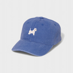 Blue personalised hat with embroidered white West Highland Terrier design on front, classic baseball style made of 100% washed cotton.