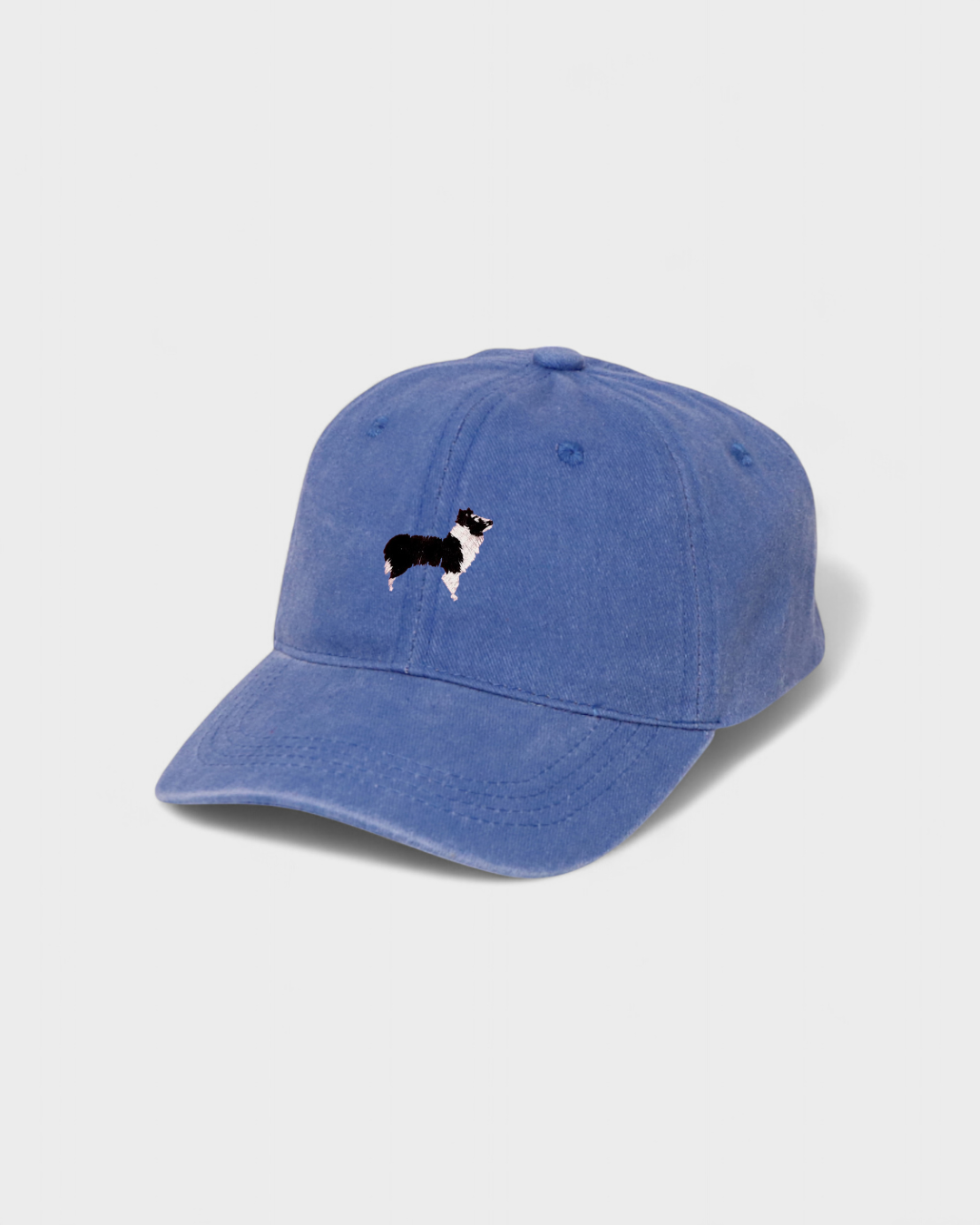 Blue Border Collie personalised hat with embroidered dog design on front, made of 100% washed cotton.