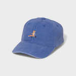 Personalised hat with hand-drawn fox embroidery in blue cotton baseball style.