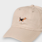 Beige baseball cap with embroidered hand-drawn Beagle design, personalised embroidery option on back, made of 100% washed cotton.