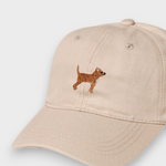 Beige personalised cotton baseball hat with embroidered brown dog design on front
