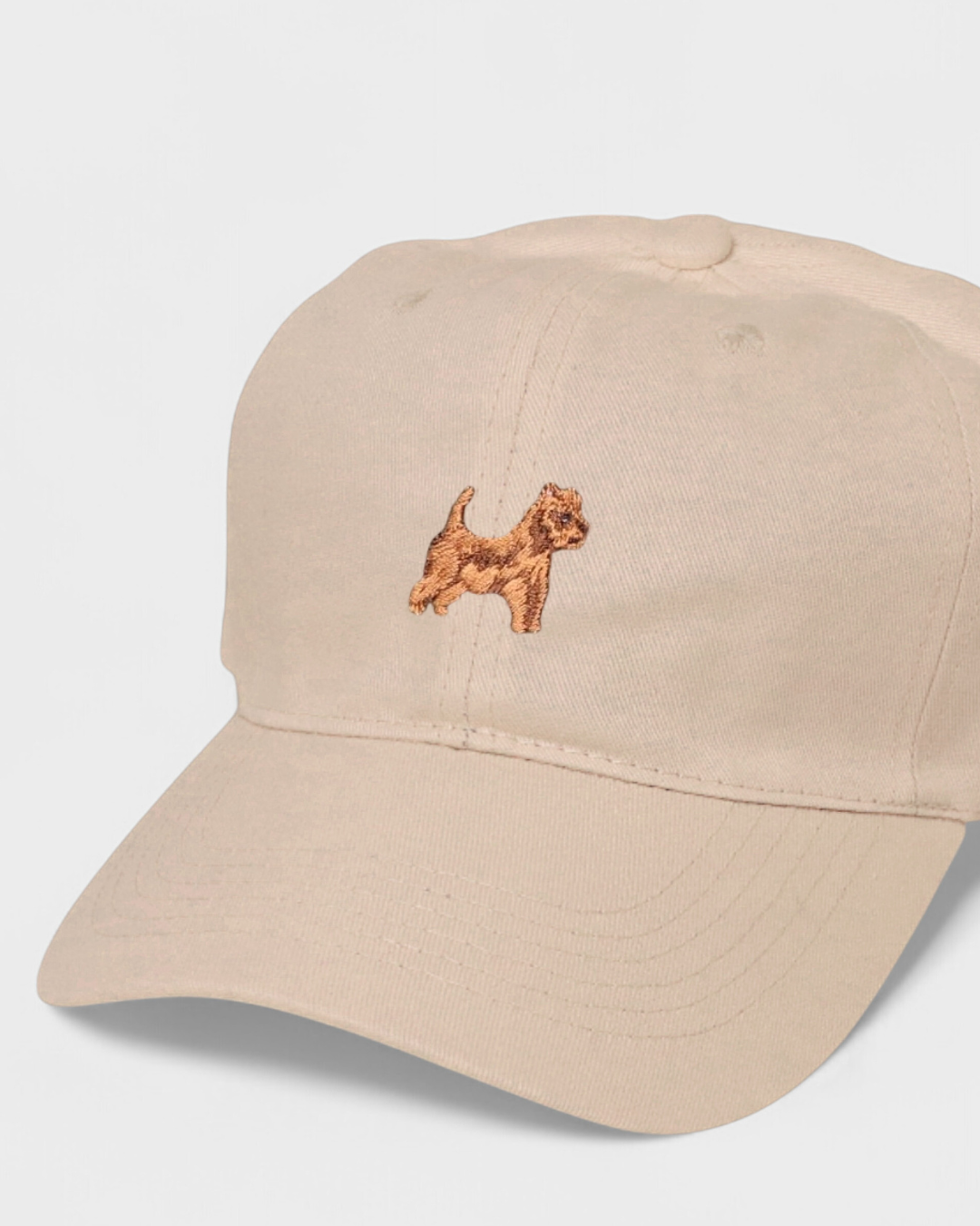 Australian Terrier personalised hat with embroidered design on front.