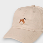 Beige baseball cap with embroidered hand-drawn Boxer dog design, personalised embroidery option on back, made of 100% washed cotton.