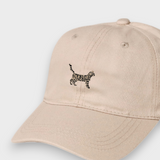 Beige personalised hat with embroidered Bengal cat design on front, made of 100% washed cotton in classic baseball fit