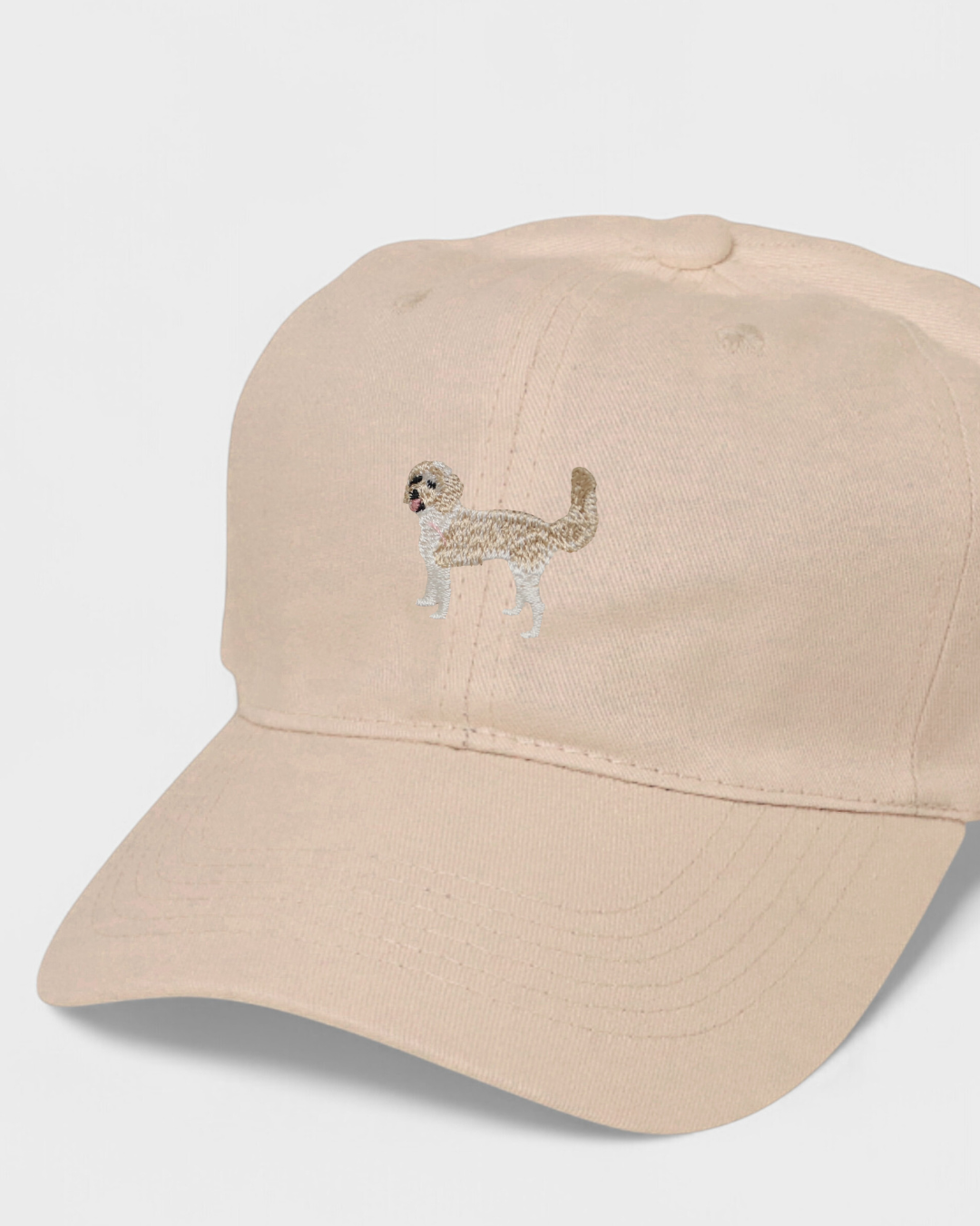 Beige Vizsla personalised hat with embroidered dog design on front, made of 100% washed cotton, classic baseball fit.