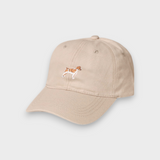 Beige Brittany Spaniel personalised baseball hat with embroidered dog design on front made of 100% washed cotton