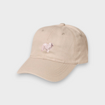 Beige baseball hat with embroidered Japanese Spitz design on front, customizable embroidery on back, made of 100% washed cotton.