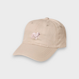 Beige baseball hat with embroidered Japanese Spitz design on front, customizable embroidery on back, made of 100% washed cotton.