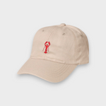 Beige baseball cap with red lobster embroidery and customizable back embroidery, made of 100% washed cotton.
