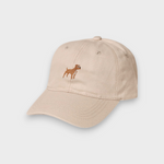 Beige baseball hat with embroidered hand-drawn Staffordshire Bull Terrier design, personalized embroidery option.
