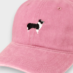 Pink Border Collie personalised hat with embroidered dog design and classic baseball fit made of washed cotton