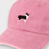 Pink Border Collie personalised hat with embroidered dog design and classic baseball fit made of washed cotton