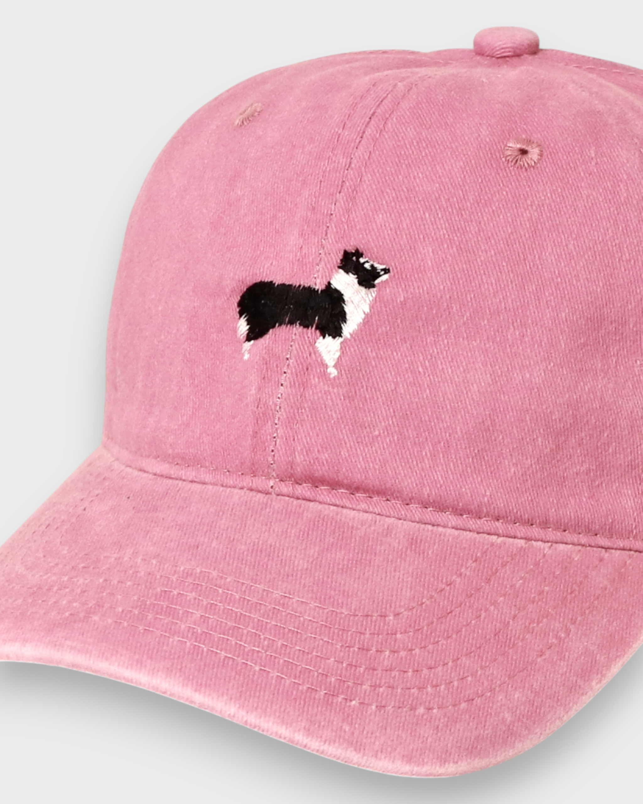 Border Collie embroidered pink personalised hat made of 100% washed cotton.