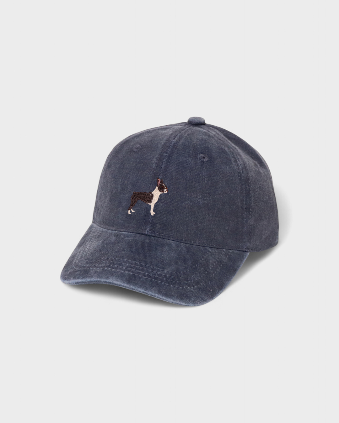 Boston Terrier personalised hat with embroidered design on front and custom text option in 100% washed cotton.