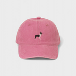 Personalised Boston Terrier embroidered hat in pink with custom back embroidery option.