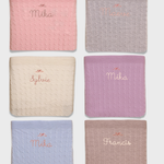 Merino Baby Blanket with Bow Design and personalized embroidery in various colors.