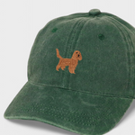 Green baseball cap with embroidered brown Cocker Spaniel design on front, personalised hat made of 100% washed cotton