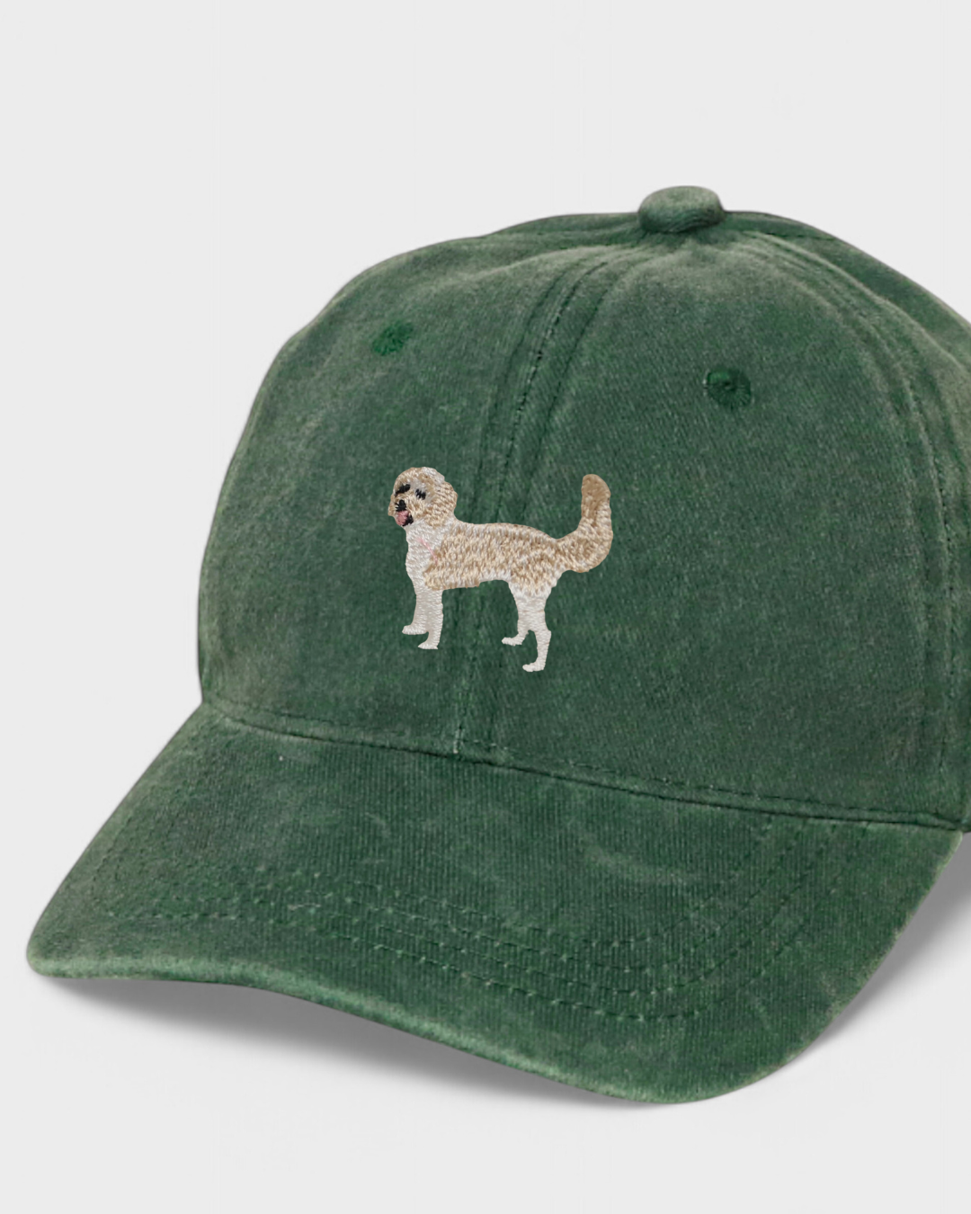 Green washed cotton baseball cap with embroidered Vizsla dog design, personalized embroidery option available