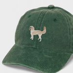 Green washed cotton baseball cap with embroidered Vizsla dog design, personalized embroidery option available