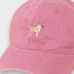 Pink baseball hat with embroidered Chihuahua design on front, personalised embroidery option on back, made of 100% washed cotton.