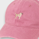 Pink baseball hat with embroidered Chihuahua design on front, personalised embroidery option on back, made of 100% washed cotton.